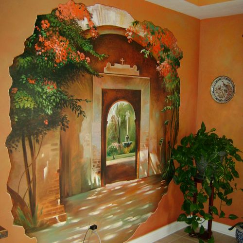 Mural painted on kitchen wall.
