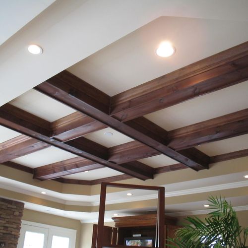 Ceiling installation,wood stained and coated with 