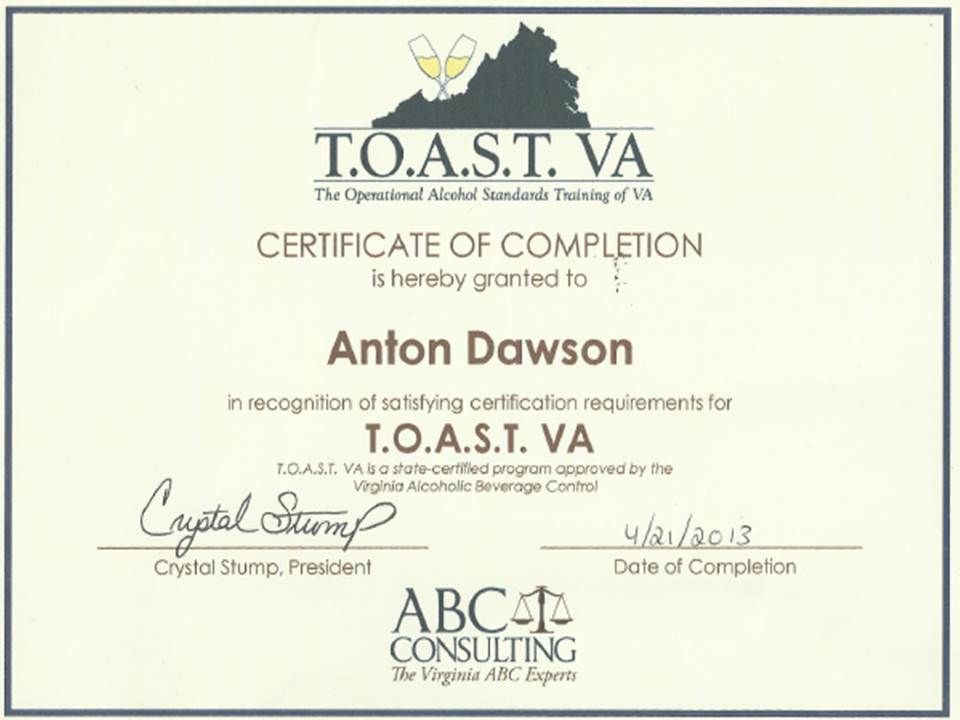 ABC-Certified in the State of Virginia.  We got th