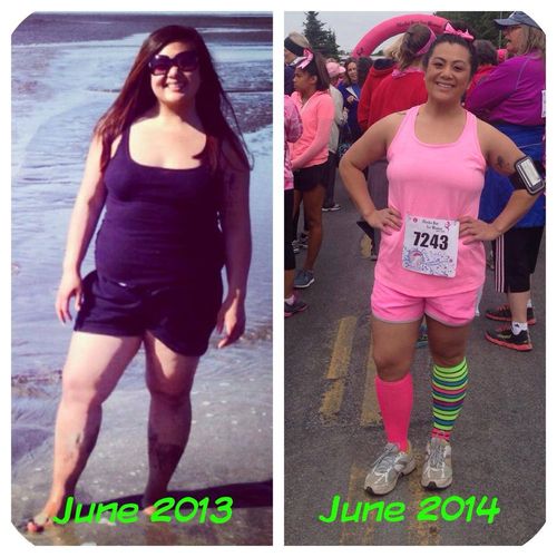 One year progress. 60 pound fat loss. Running her 
