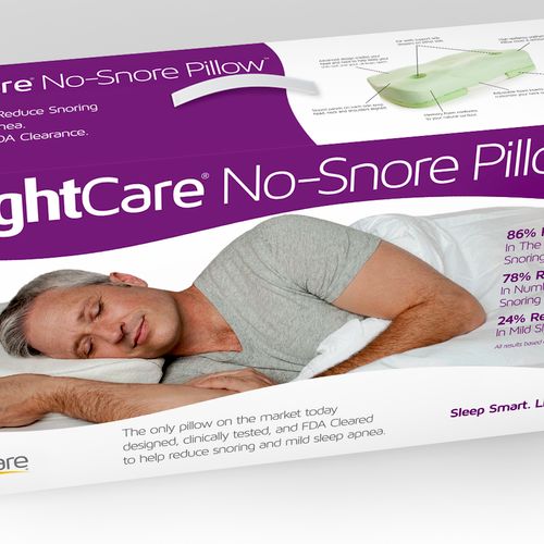 Package sleeve for the NightCare No-Snore Pillow. 