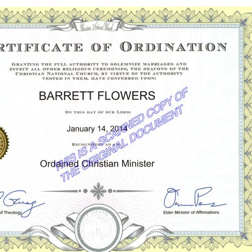 Copy of my Ordination Certificate