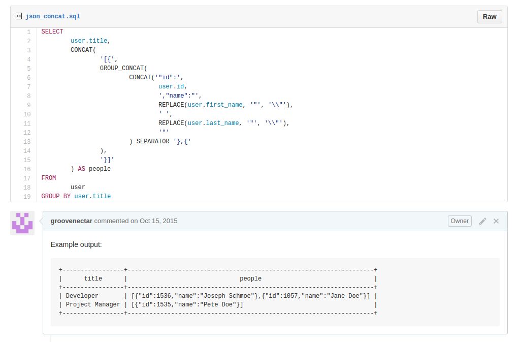 SQL snippet that will return a JSON string as part