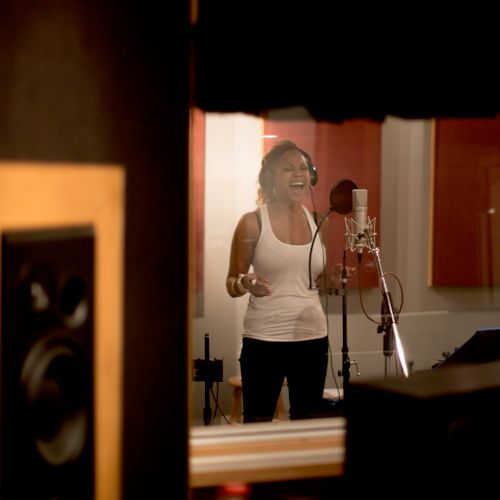 Laura Vernice recording vocals in the live room