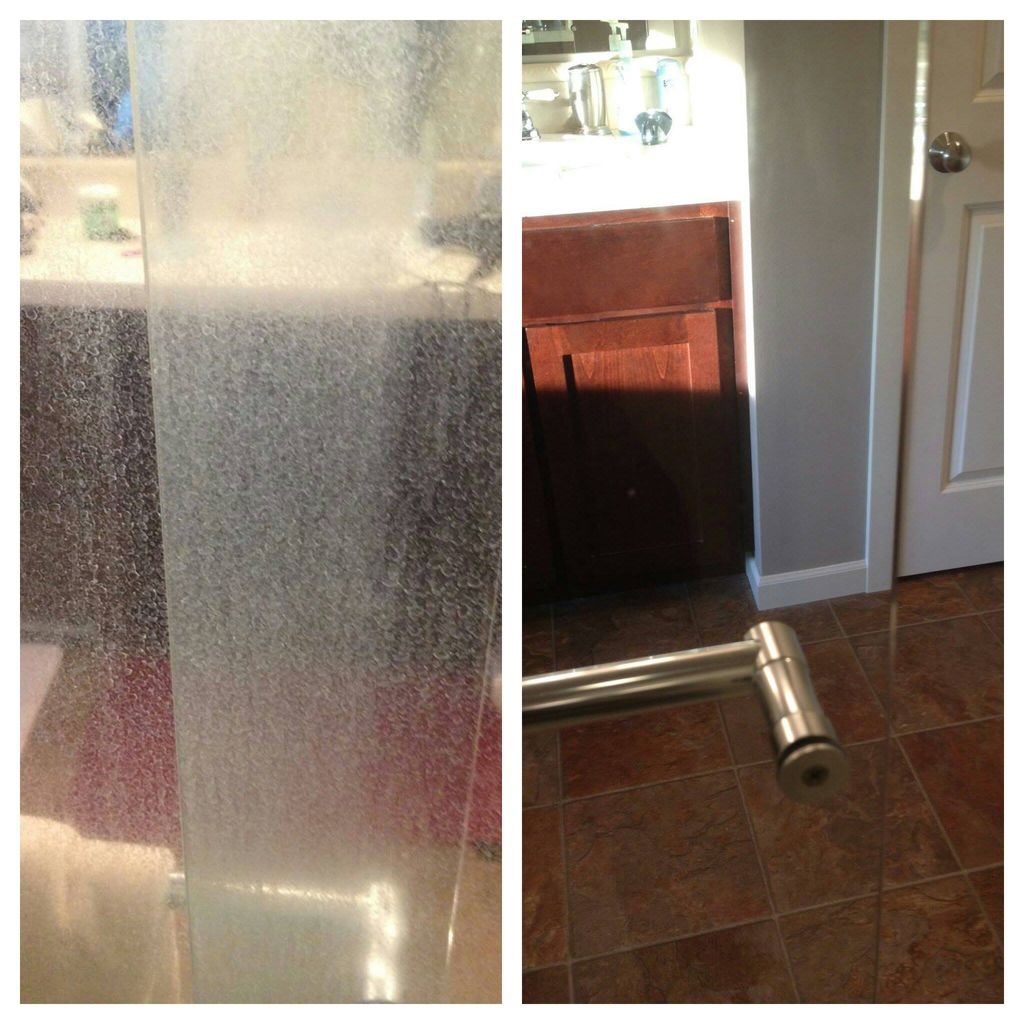 Glass shower door before with A LOT of hard water 