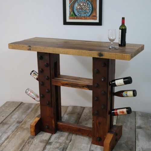 A custom made wine station. Made from beams of the