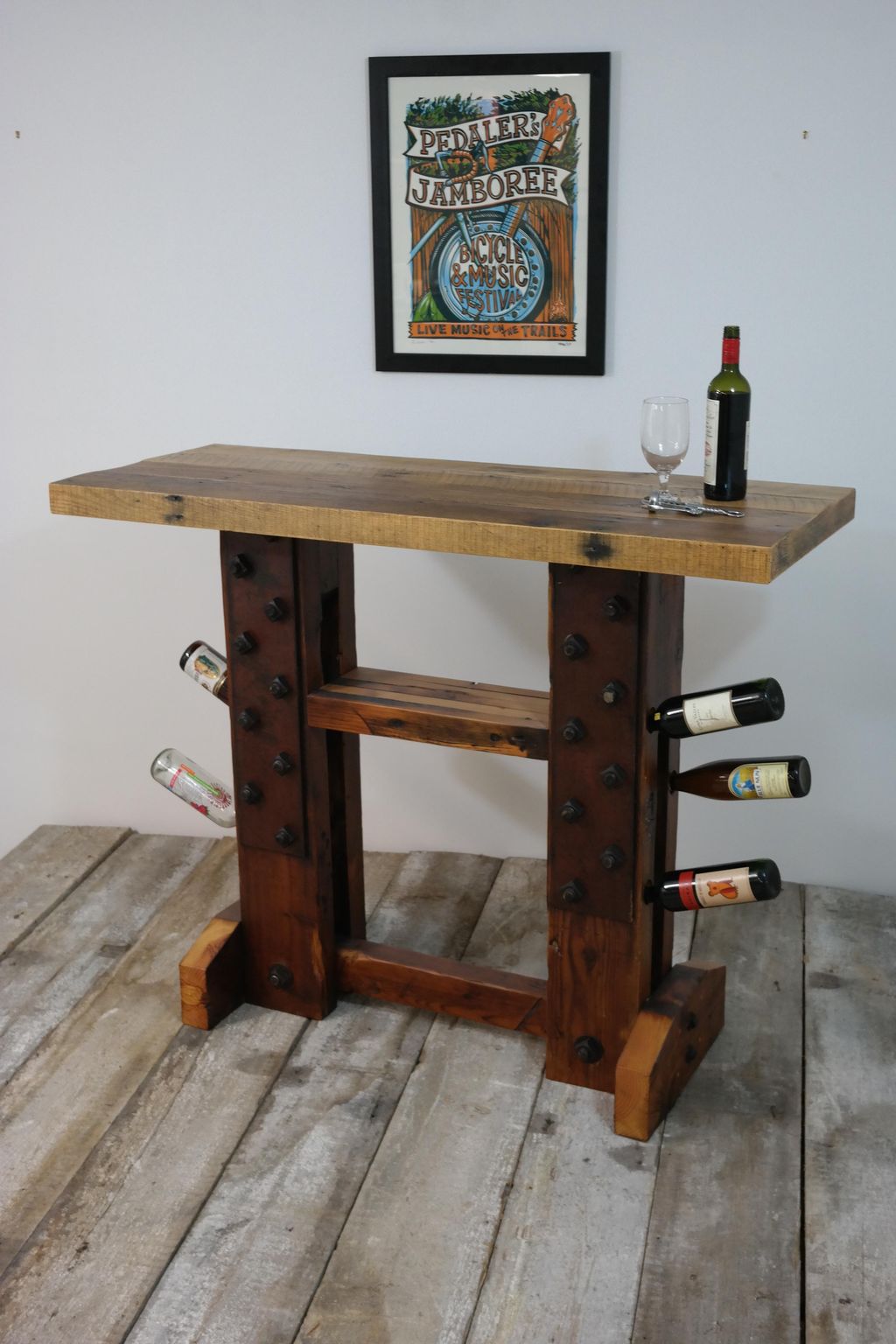 A custom made wine station. Made from beams of the