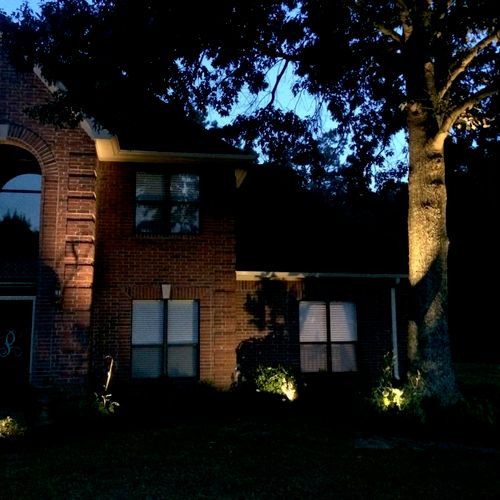 Night view of the outdoor lighting we installed in