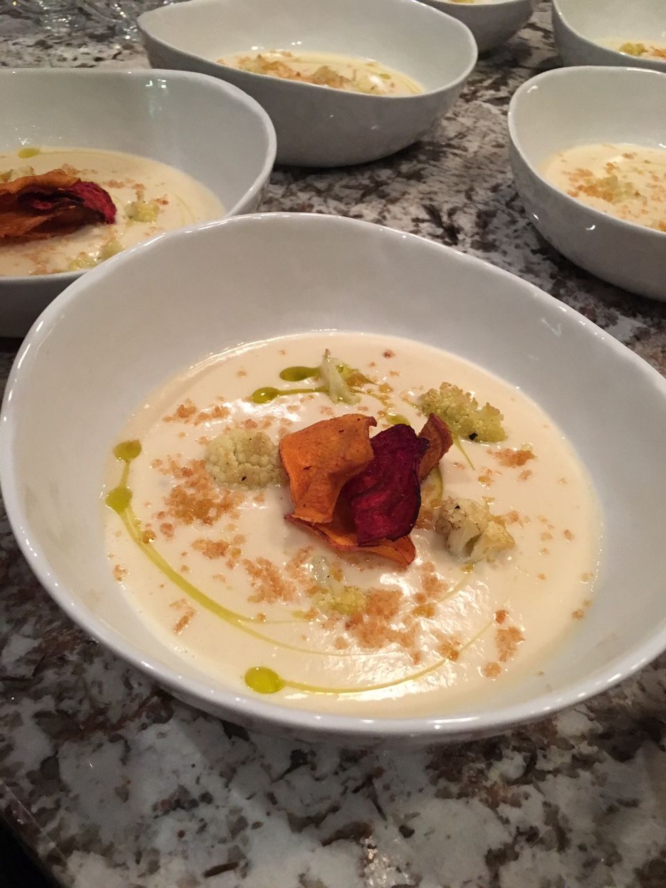 Creamy Cauliflower Soup with Beet and Sweet Potato