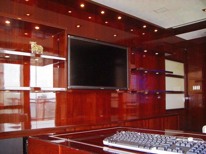 Clear lacquered wood panel application.