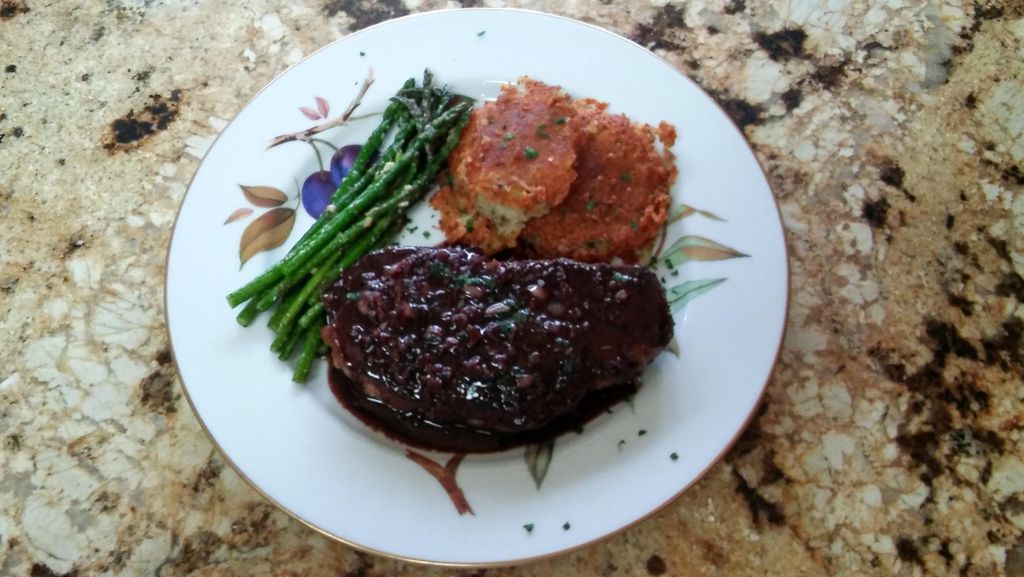 Filet Mignon w/Red Wine Sauce, Herb Parmesan Potat