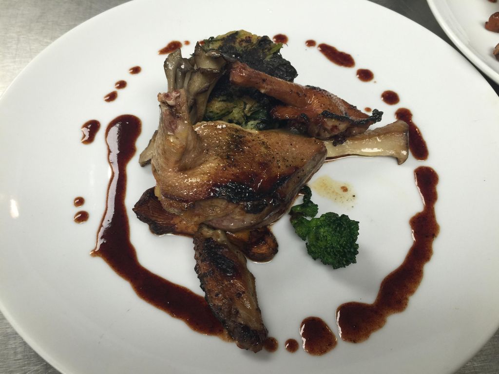 Roasted Squab with Root Vegetables and Red Wine Re