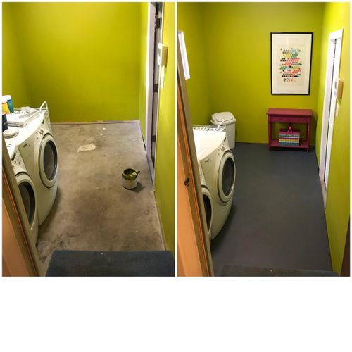 A laundry room before and after. Painted the floor