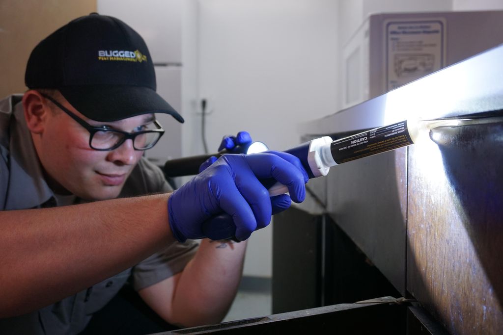 John M. performing a cockroach gel baiting treatme