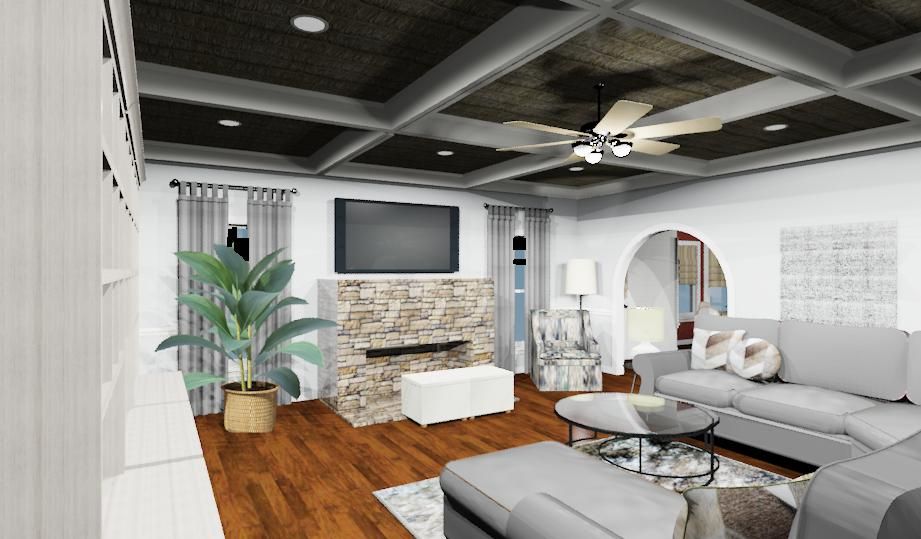 Updated family room with snake skin paint treatmen
