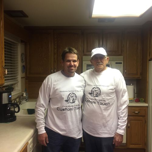 My dad and I wearing custom touch shirts (good day