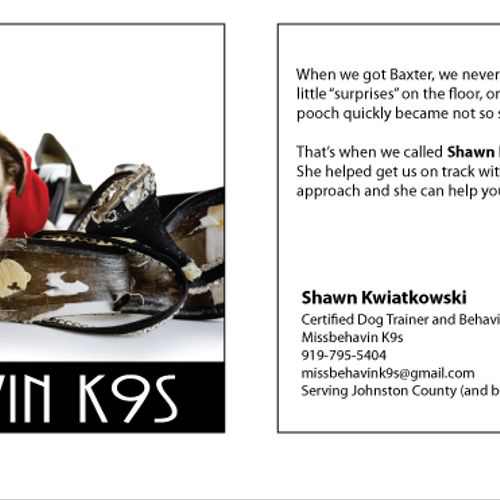 Direct mail post cards for Missbehavin K9s that ad