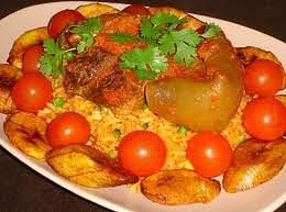 beef with tomato rice, plantains, sweet potatoes