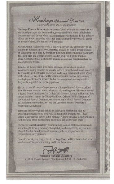 Heritage Funeral Directors' corporate biography tu