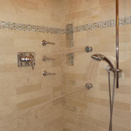Showered turn on. Shower head with dual body spray