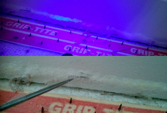 Cat urine in saturated baseboard under UV light