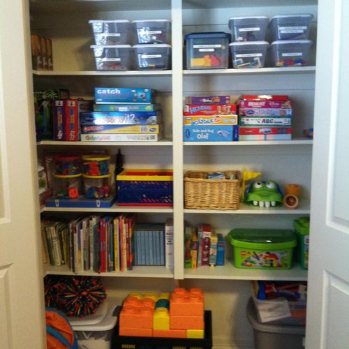 Playroom closet after organization