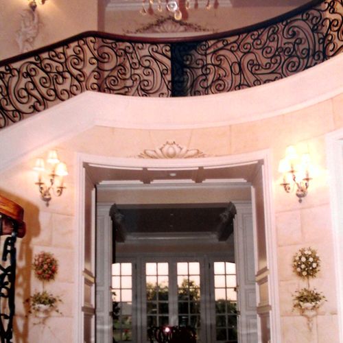 Formal entry with faux stone, trompe l'oeil rose s
