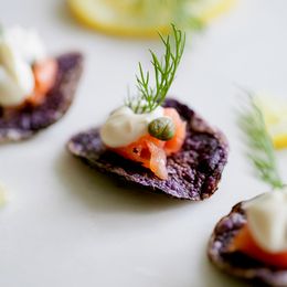 Smoked Salmon and Dill Creme Fraiche topped Purple