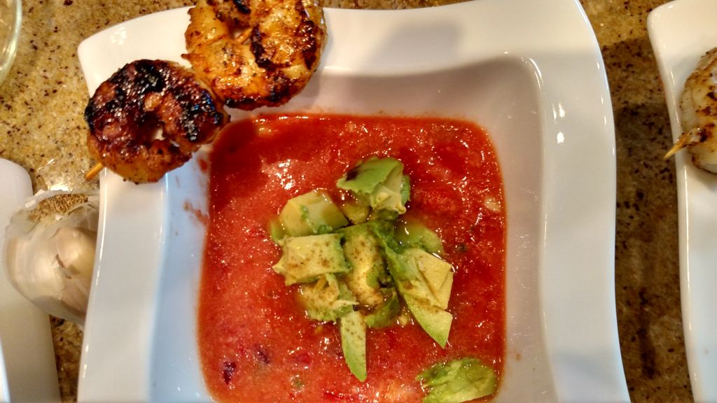 Gazpacho with grilled shrimp and avocado