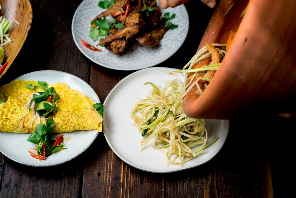 Green papaya salad, a savory crepe, and lemongrass