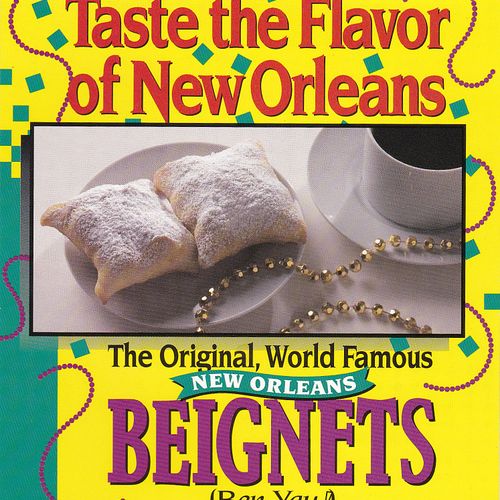 Restaurant tent card promoting New Orleans' famous
