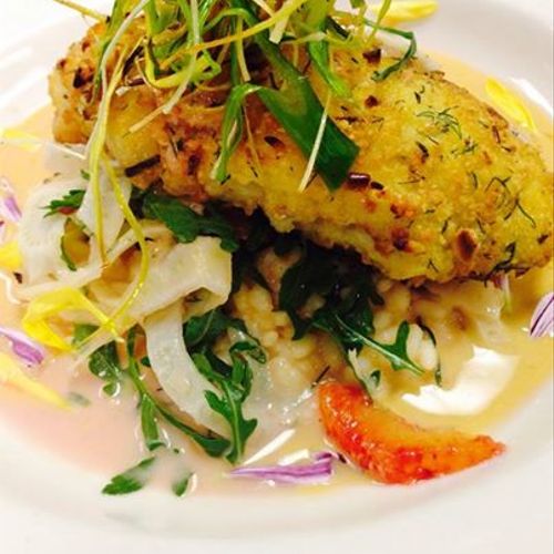Fresh crusted cod with risotto