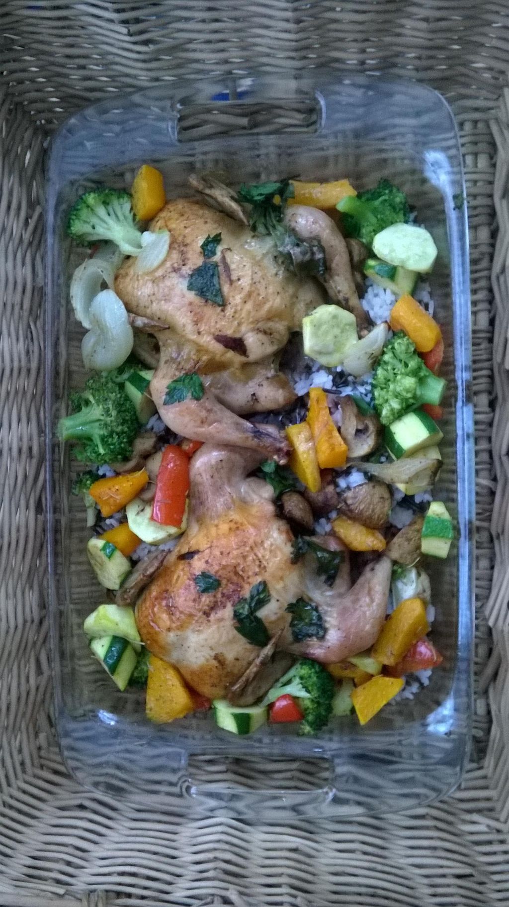 Roast Cornish Hens with Wild Rice and Roasted Vege