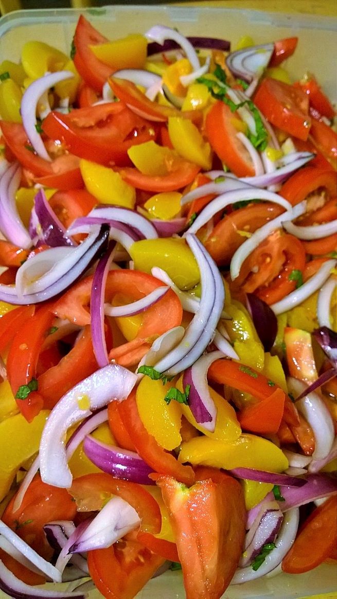 Summer salad with Peaches, Tomato, Mint, and Red O