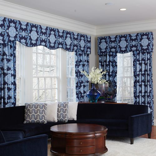 These are custom shaped cornice in Thibaut fabric 