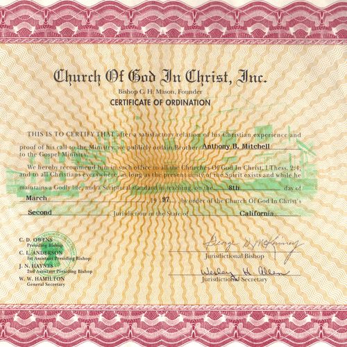 Ordination License issued:
March 8,1997