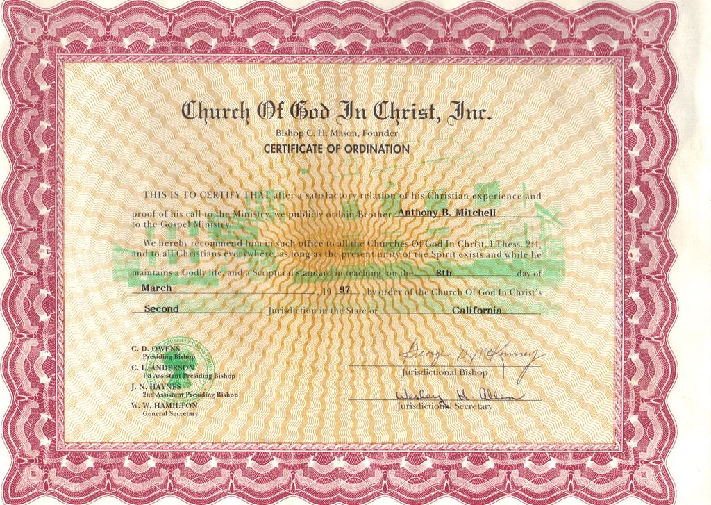 Ordination License issued:
March 8,1997