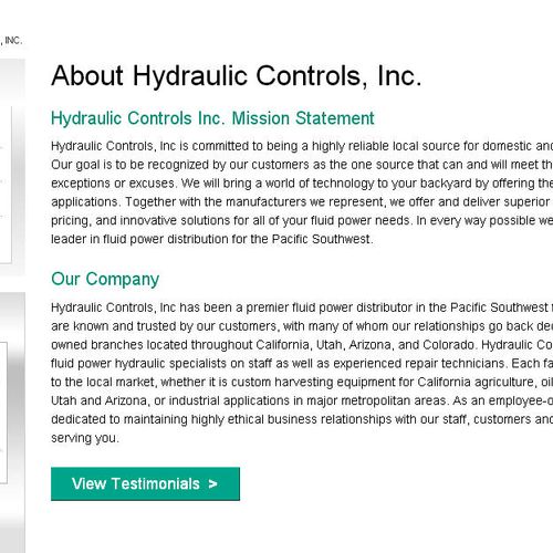 Web copy: About Us page for Hydraulic Controls Inc