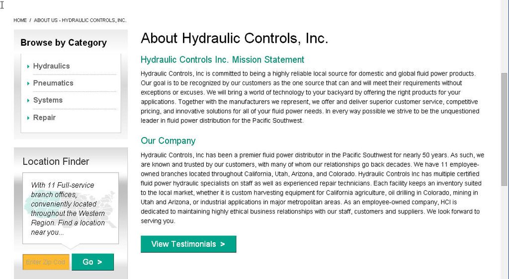 Web copy: About Us page for Hydraulic Controls Inc