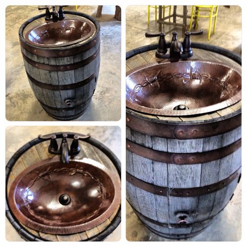 Whiskey barrel sink.