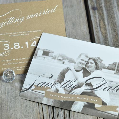 Photo Save-the-Date with gold ink accents.