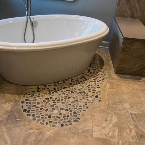 master bath with custom floor tile pattern cut to 