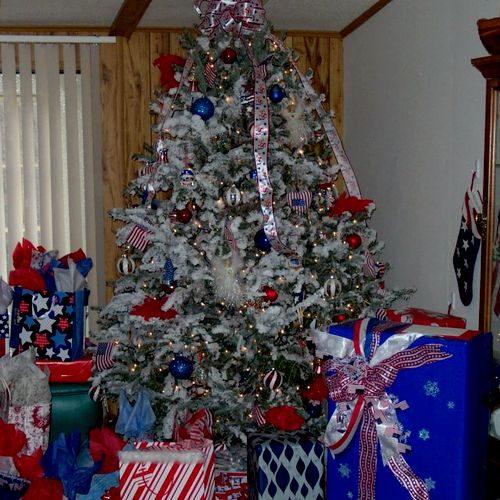 Patriotic Christmas tree decorated for Christmas p