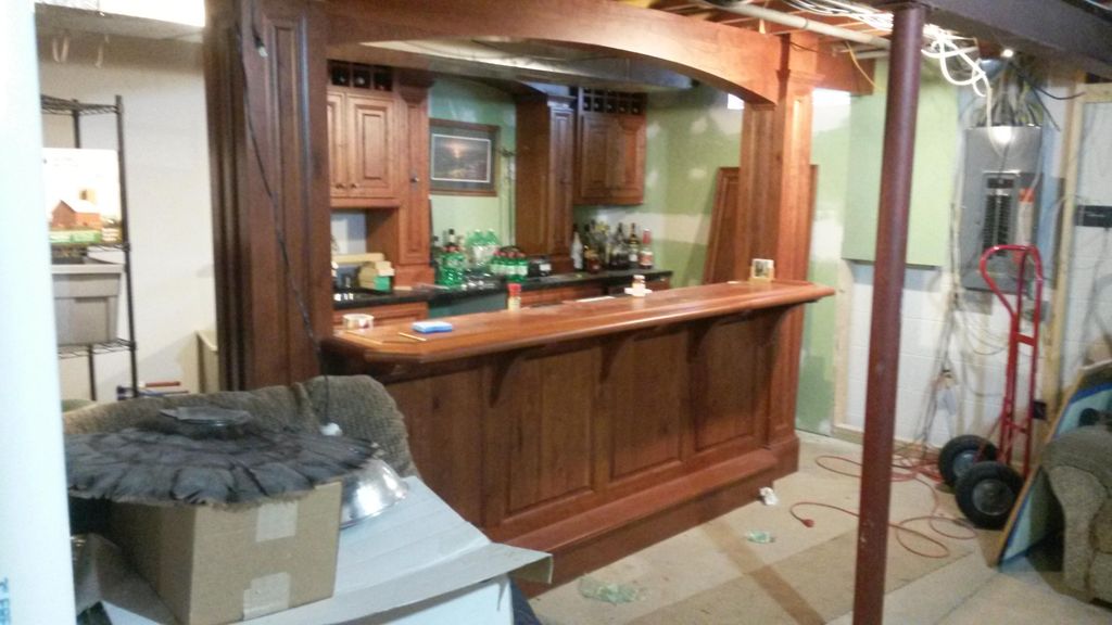 Basement remodel with bar.