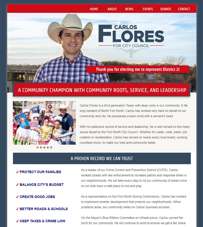 Website design for Carlos Flores for City Council 