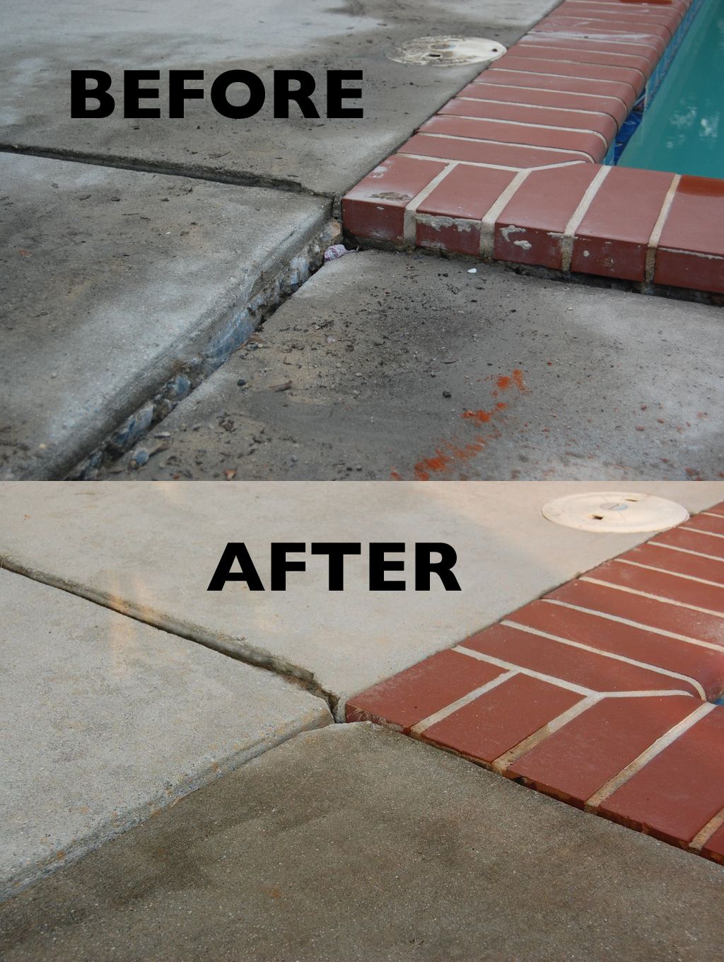 Pool deck slab before and after slabjacking repair