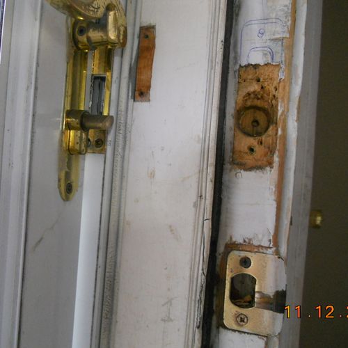 Before: Door latch, strike plate and deadbolt jamb