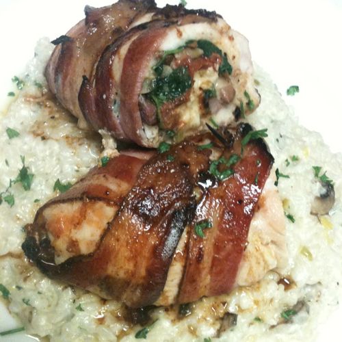 applewood bacon wrapped chicken roulade w/ roasted