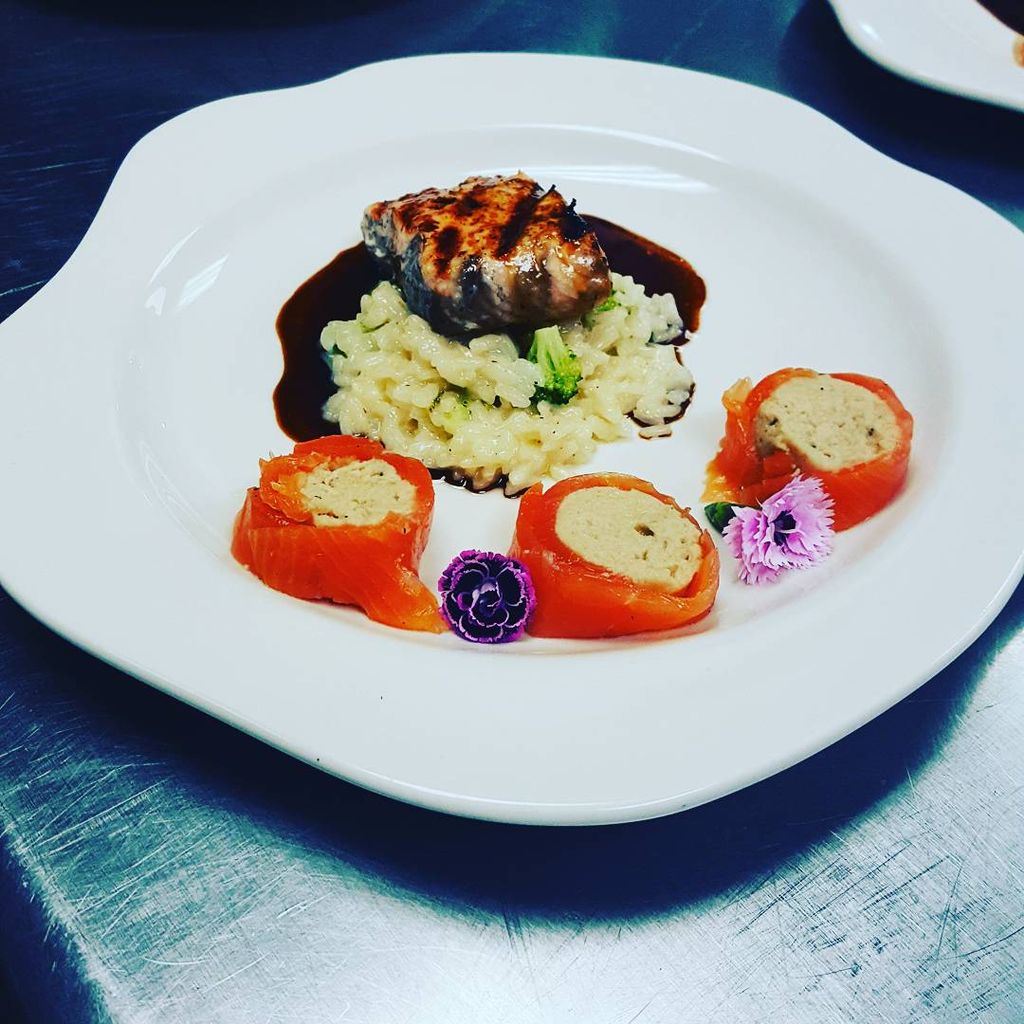 Spicy bourbon salmon, parmesan broccoli ristto and