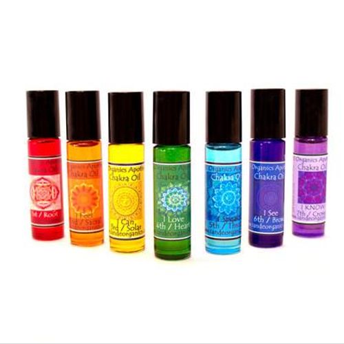 10ml Chakra roll on oils. Vibrantly colored glass,